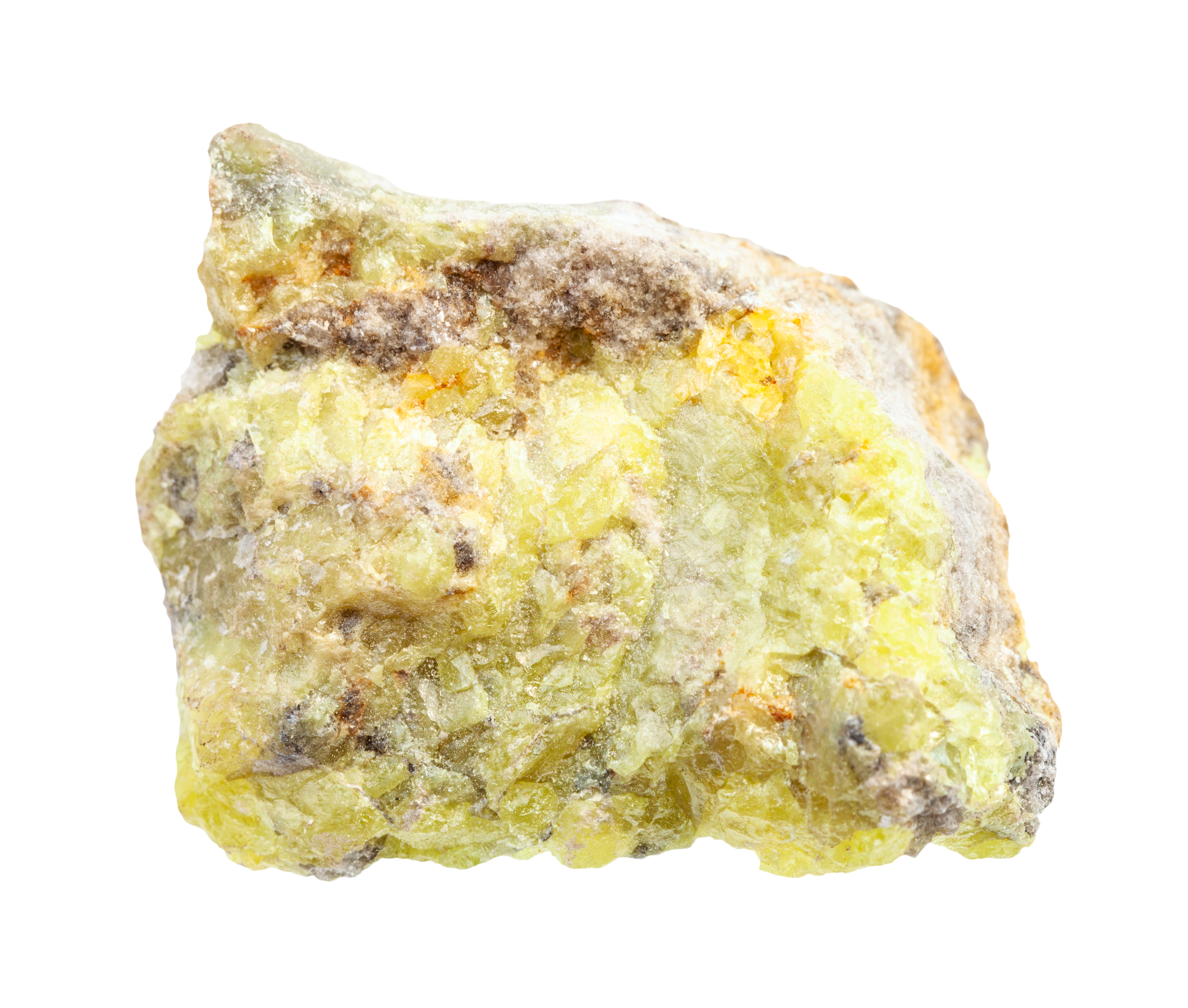 closeup of sample of natural mineral from geological collection - rough Sulphur (Sulfur) rock isolated on white background