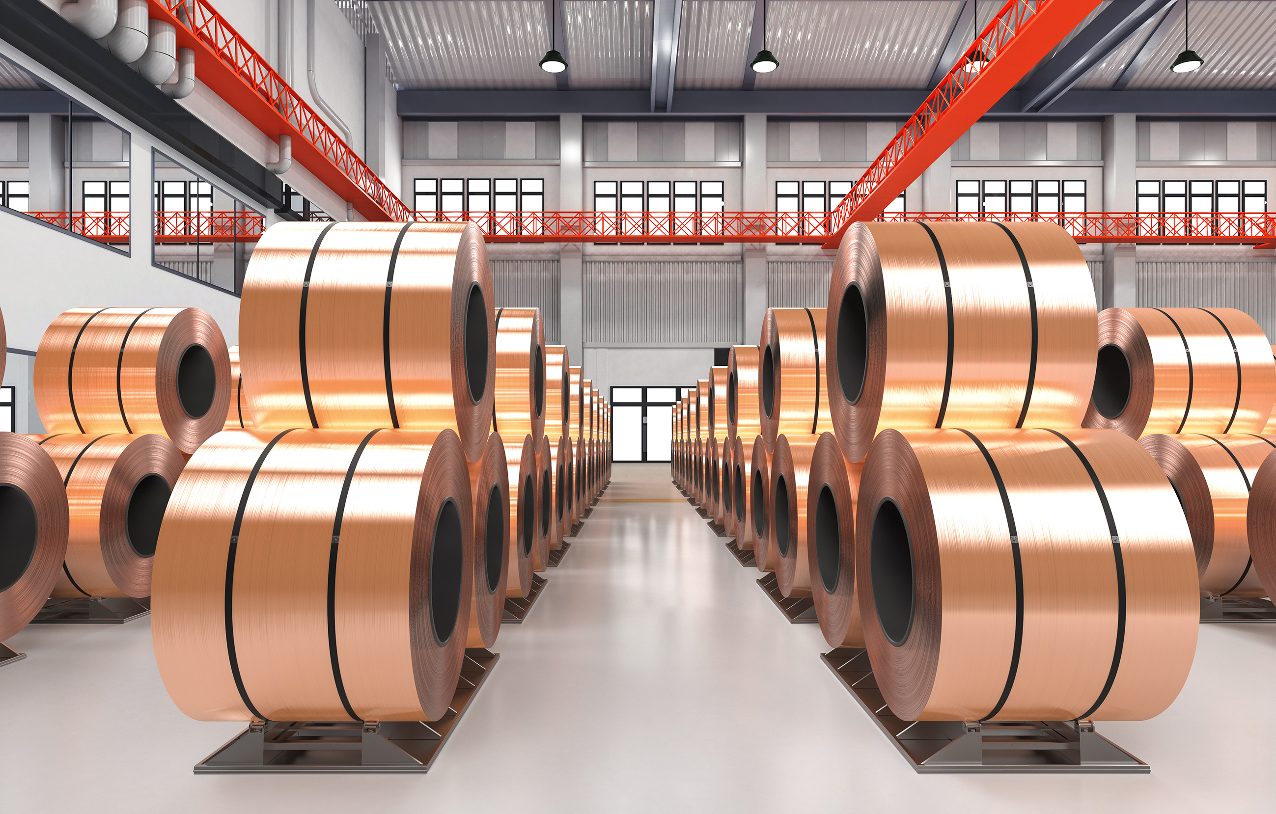3d rendering roll of copper sheets or heap of copper tapes in factory
