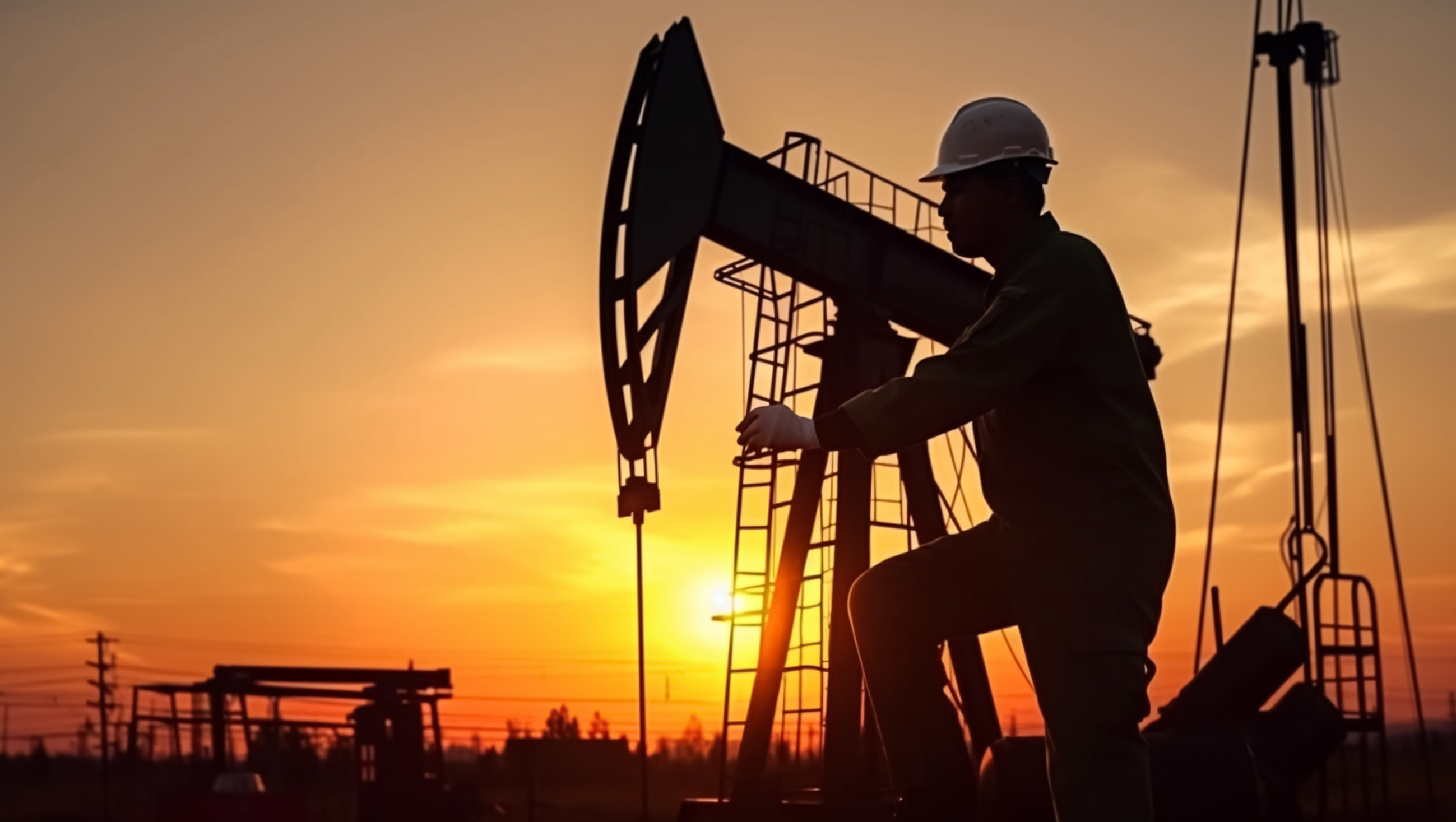 Worker and oil rig in sunset, created with Generative AI technol Worker and oil rig in sunset, created with Generative AI technology